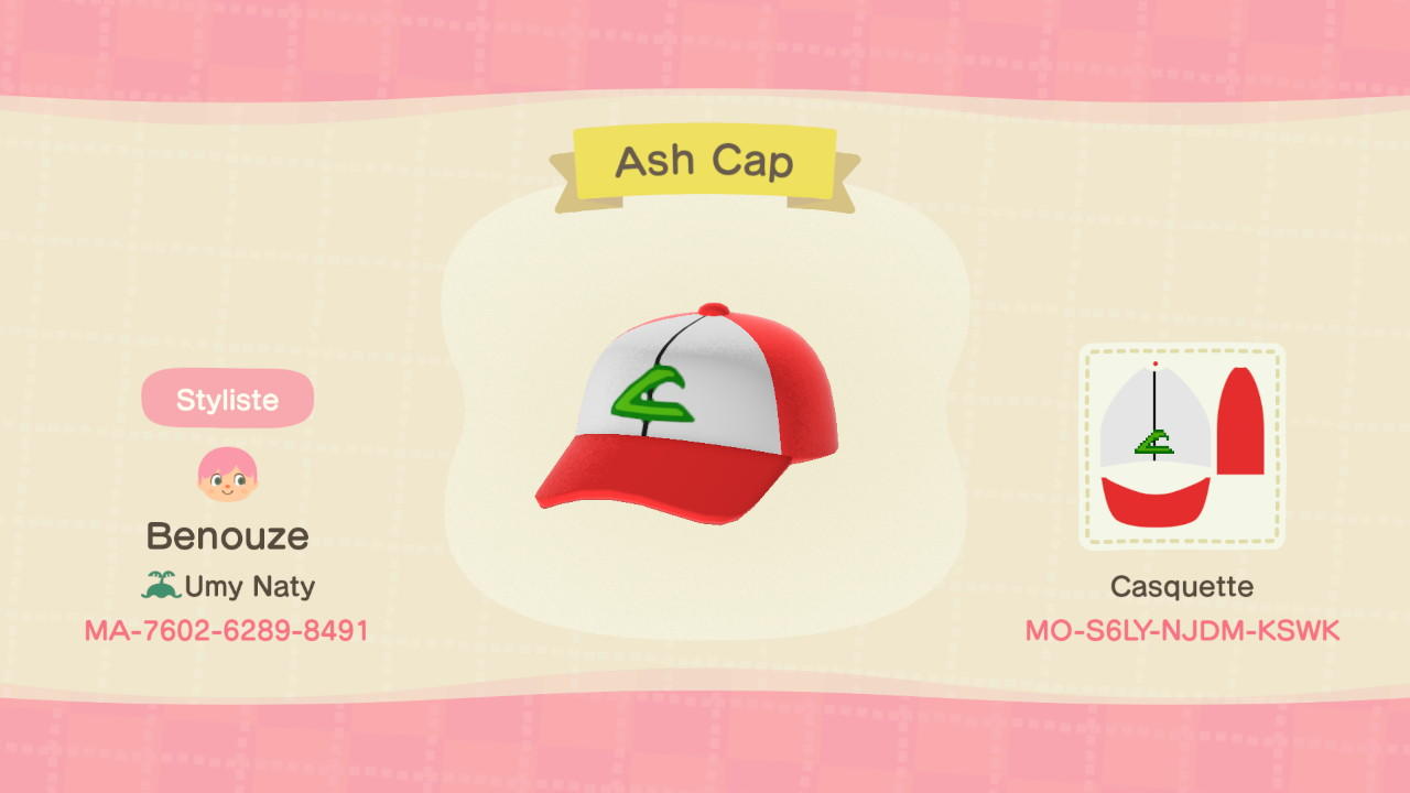 Animal Crossing Design Code: MO-S6LY-NJDM-KSWK Pokemon Ash Cap