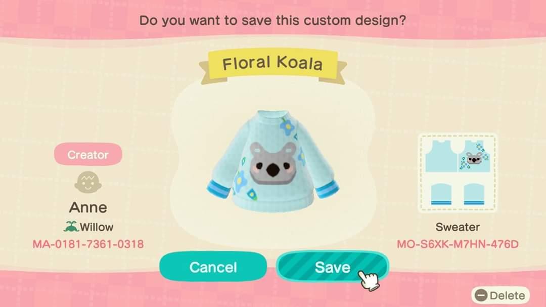 Animal Crossing Design Code: MO-S6XK-M7HN-476D Floral Koala