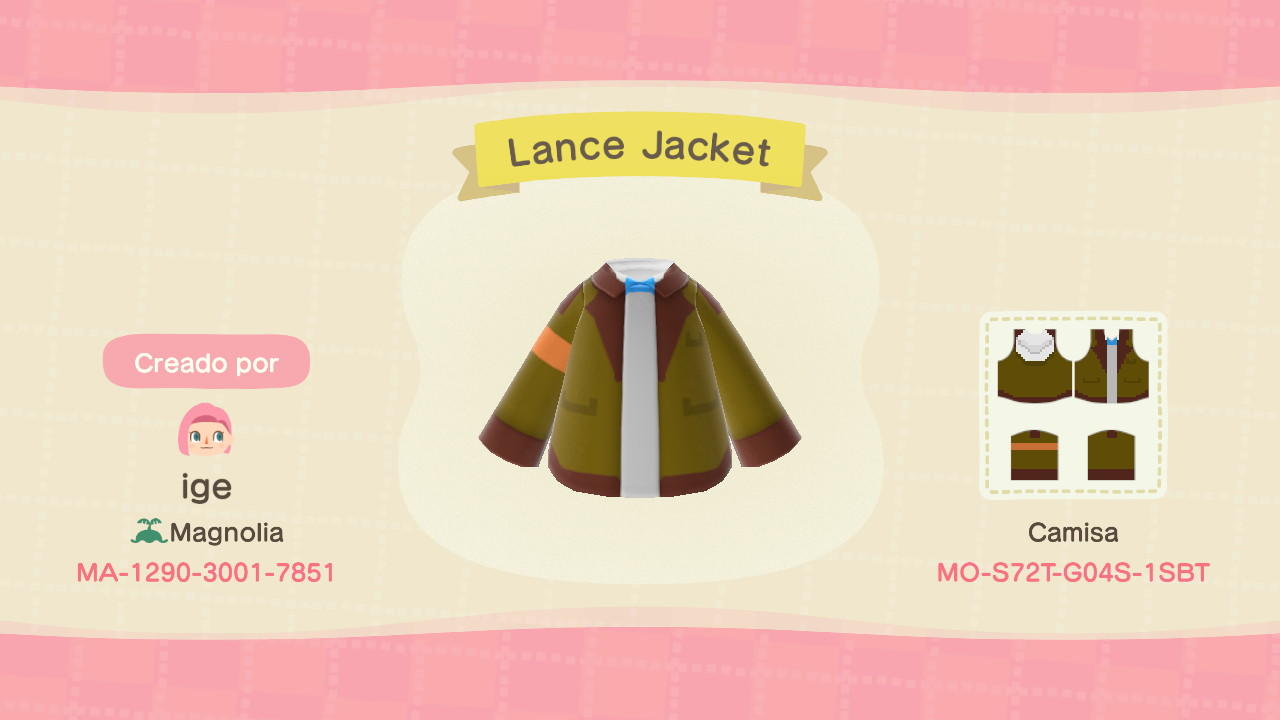 Animal Crossing Design Code: MO-S727-G04S-1SBT Lance Jacket VOLTRON