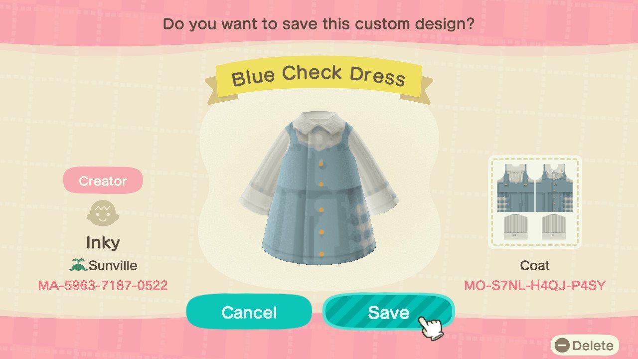 Animal Crossing Design Code: MO-S7NL-H4QJ-P4SY Blue Check Dress