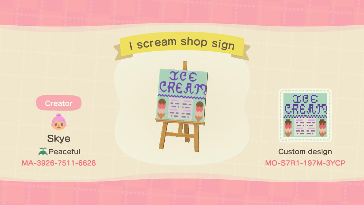 Animal Crossing Design Code: MO-S7R1-197M-3YCP Ice cream menu