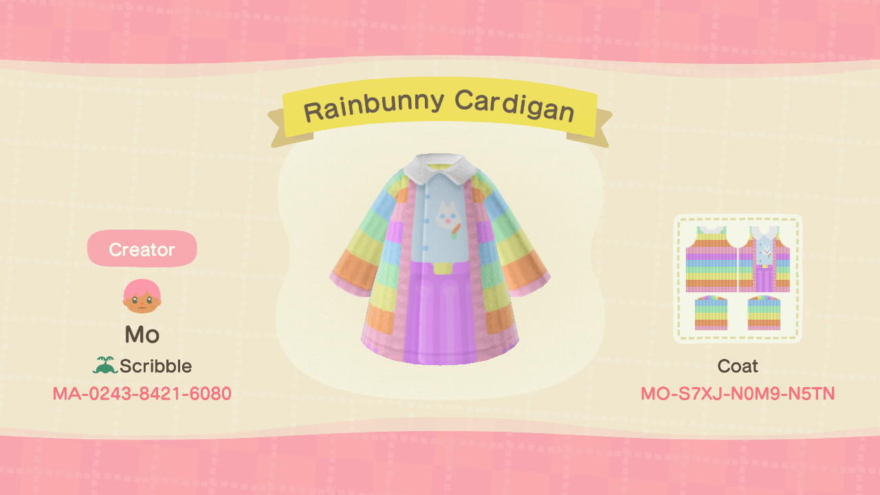 Animal Crossing Design Code: MO-S7XJ-N0M9-N5TN Rainbunny Cardigan