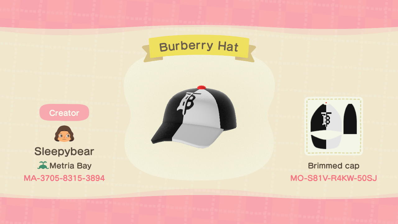 Animal Crossing Design Code: MO-S81V-R4KW-50SJ Burberry Hat
