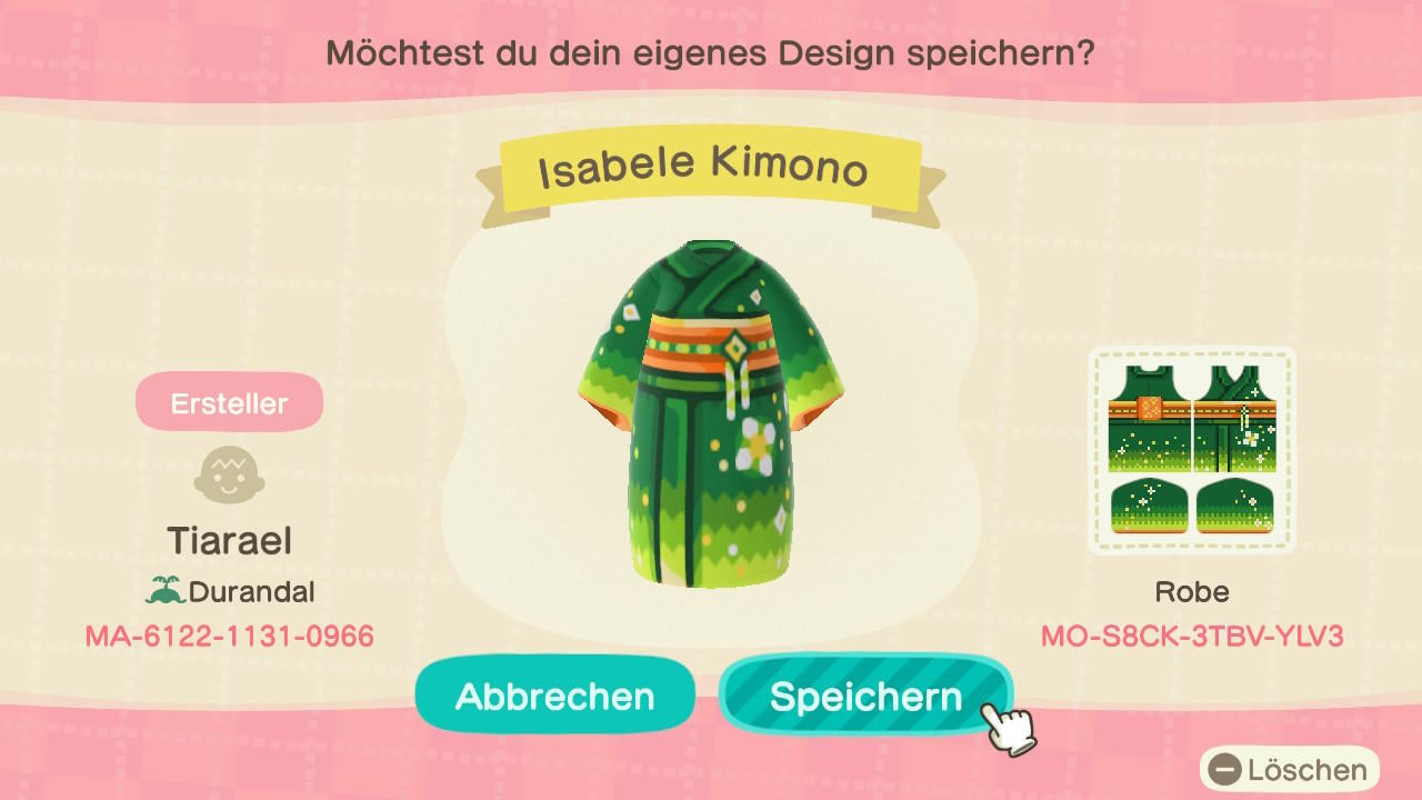 Animal Crossing Design Code: MO-S8CK-3TBV-YLV3 Isabele Kimono