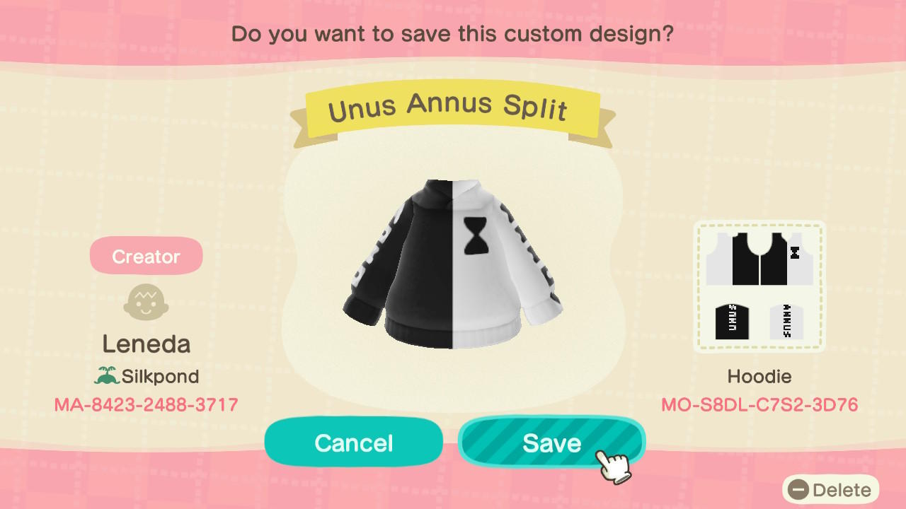 Animal Crossing Design Code: MO-S8DL-C7S2-3D76 Unus Annus Split