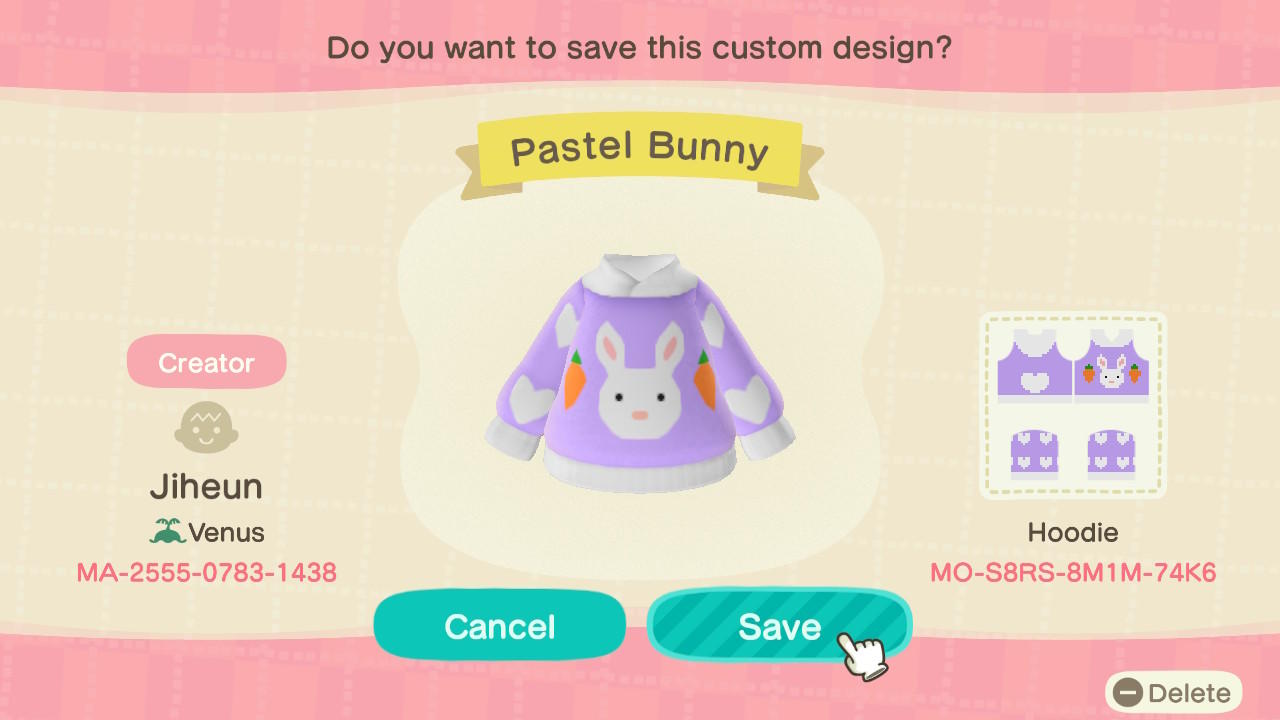 Animal Crossing Design Code: MO-S8RS-8M1M-74K6 Pastel Bunny