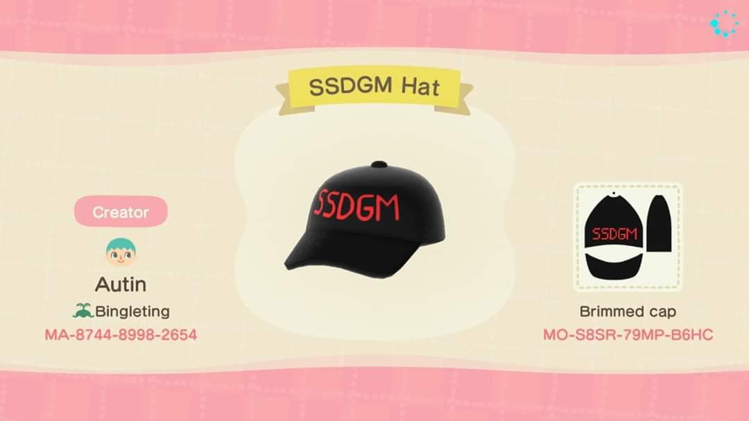Animal Crossing Design Code: MO-S8SR-79MP-B6HC SSDGM Hat