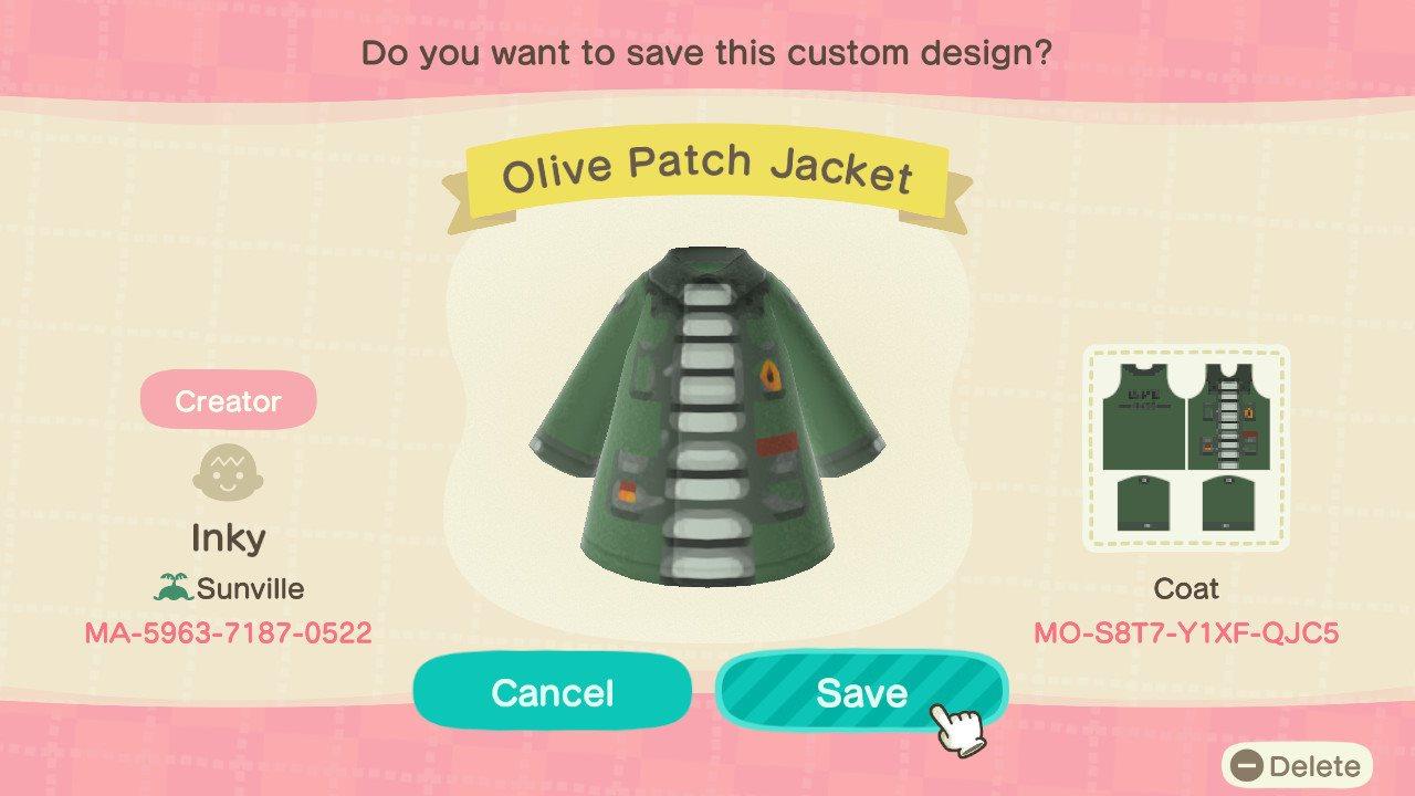 Animal Crossing Design Code: MO-S8T7-Y1XF-QJC5 Olive Patch Jacket