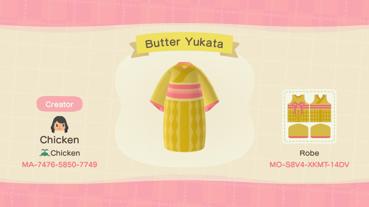 Animal Crossing Design Code: MO-S8V4-XKMT-14DV Butter Yukata