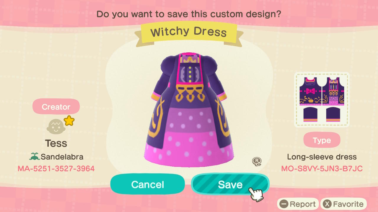 Animal Crossing Design Code: MO-S8VY-5JN3-B7JC Witchy Dress