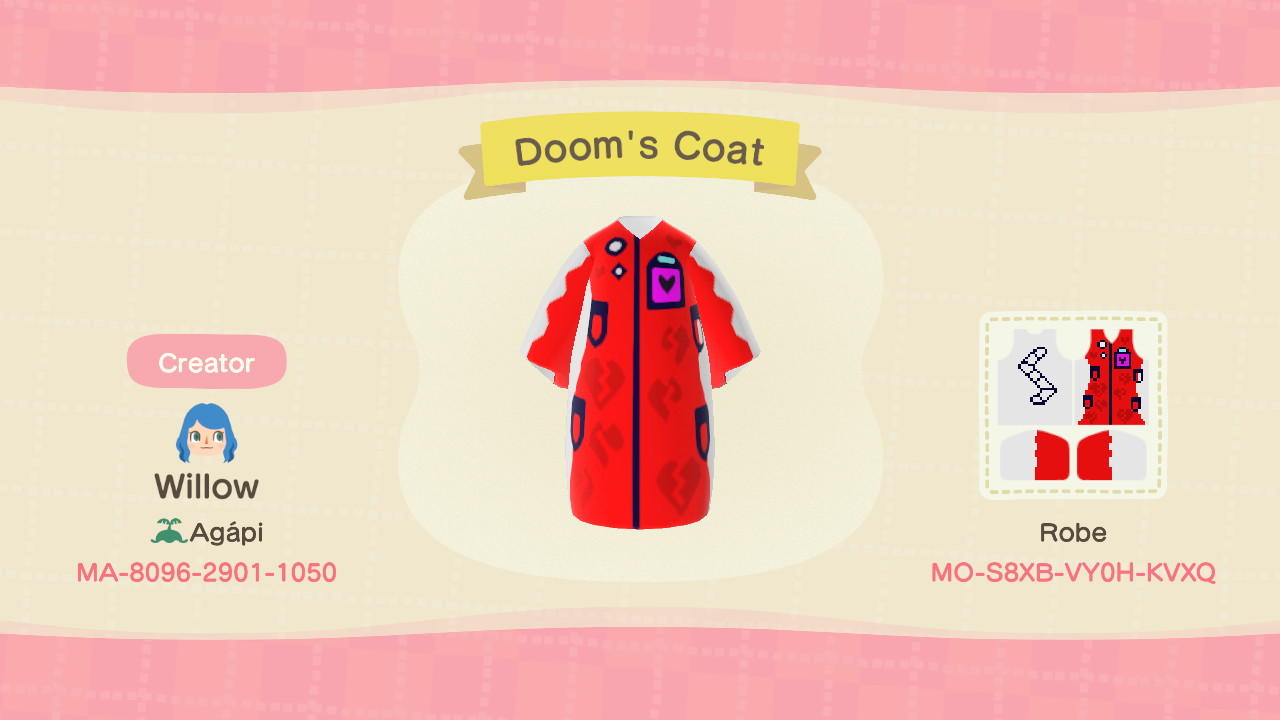 Animal Crossing Design Code: MO-S8XB-VY0H-KVXQ Doom&#39;s Coat