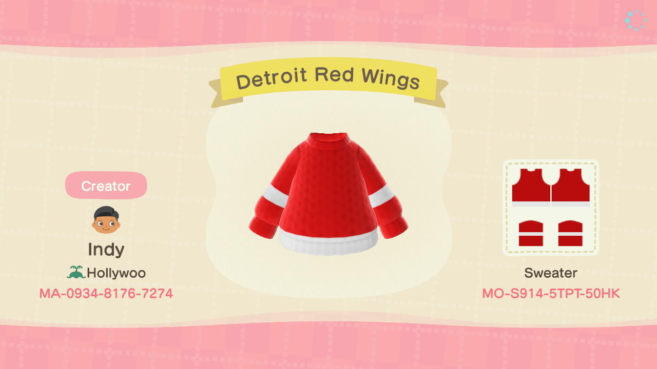 Animal Crossing Design Code: MO-S914-5TPT-50HK Detroit Red Wings