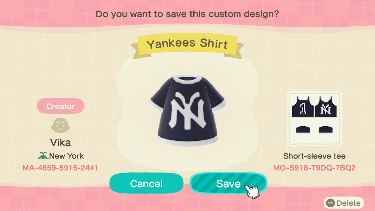 Animal Crossing Design Code: MO-S918-T9DQ-7BQ2 Yankees Shirt