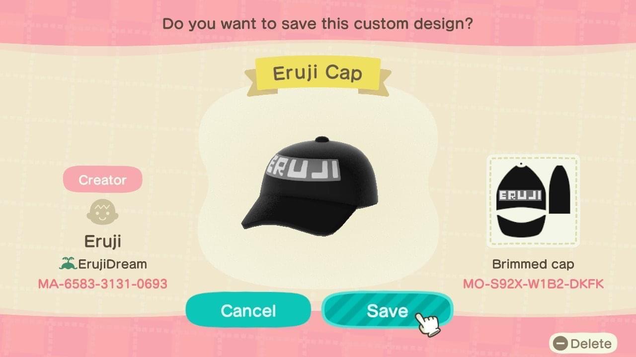 Animal Crossing Design Code: MO-S92X-W1B2-DKFK Eruji Cap