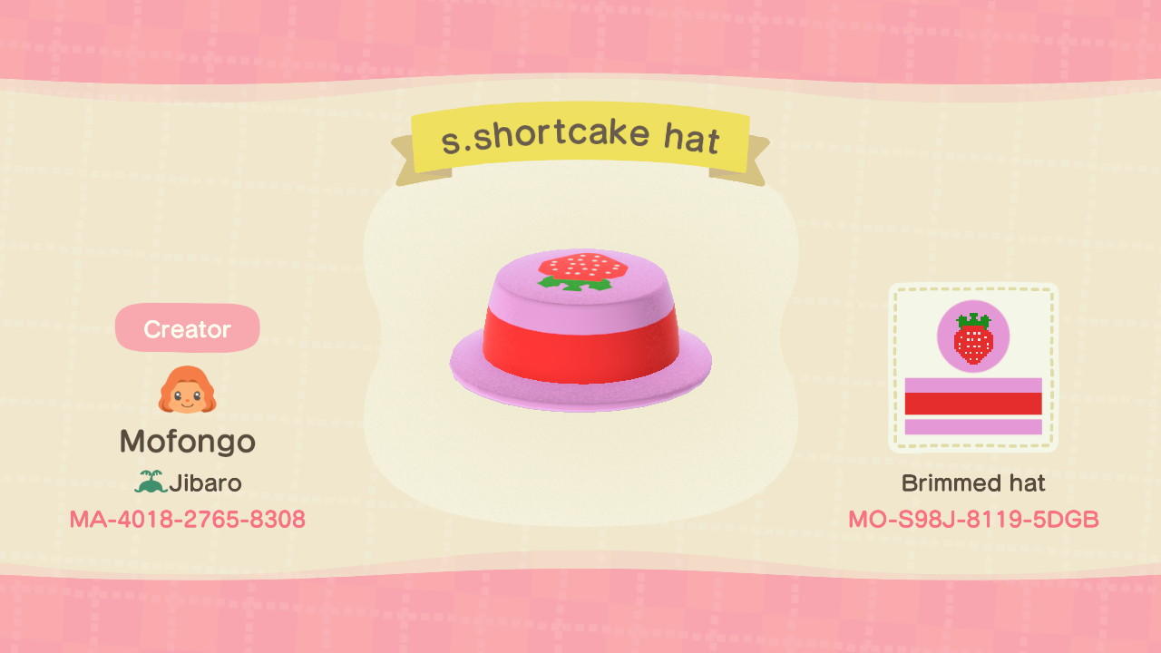 Animal Crossing Design Code: MO-S98J-8119-5DGB S.shortcake hat