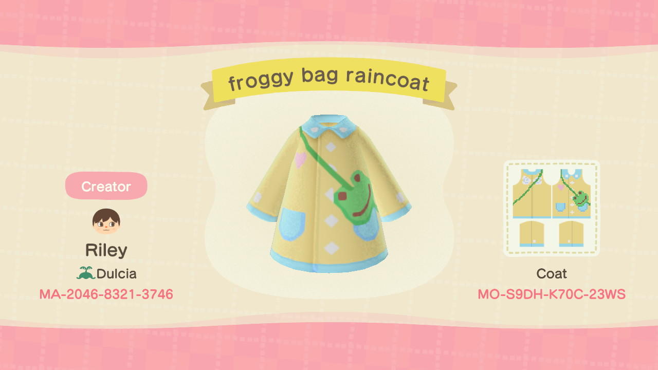Animal Crossing Design Code: MO-S9DH-K70C-23WS froggy bag raincoat
