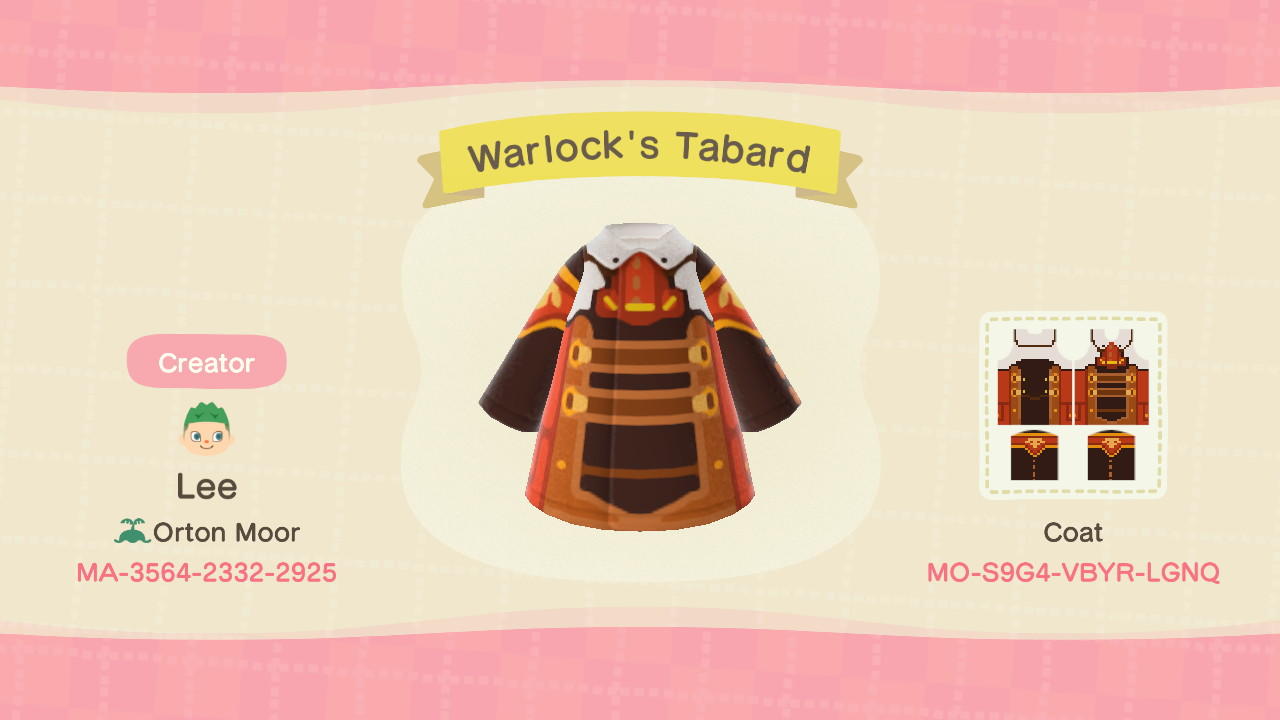 Animal Crossing Design Code: MO-S9G4-VBYR-LGNQ Warlock&#39;s Tabard