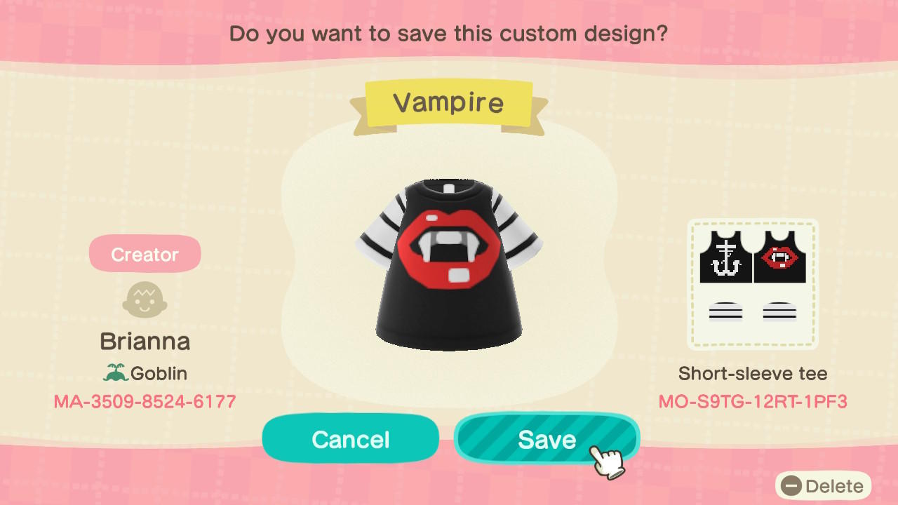 Animal Crossing Design Code: MO-S9TG-12RT-1PF3 vampire