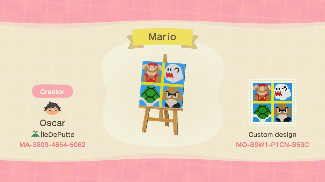 Animal Crossing Design Code: MO-S9W1-P1CN-S59C Mario