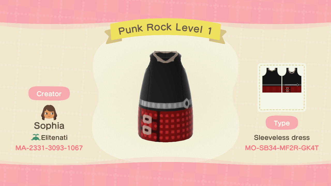 Animal Crossing Design Code: MO-SB34-MF2R-GK4T Punk Rock Level 1