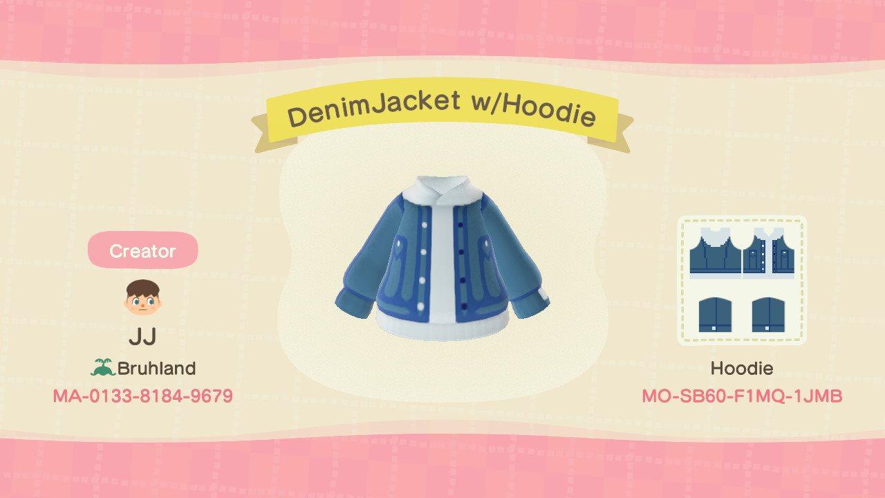 Animal Crossing Design Code: MO-SB60-F1MQ-1JMB DenimJacket w/Hoodie