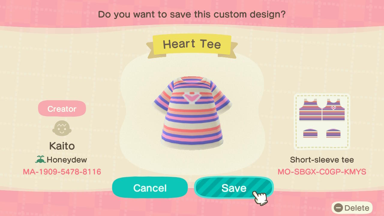 Animal Crossing Design Code: MO-SBGX-C0GP-KMYS Heart Tee