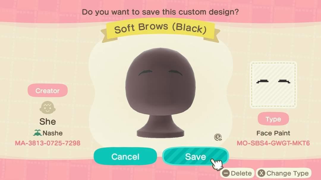 Animal Crossing Design Code: MO-SBS4-GWGT-MKT6 Soft Brows