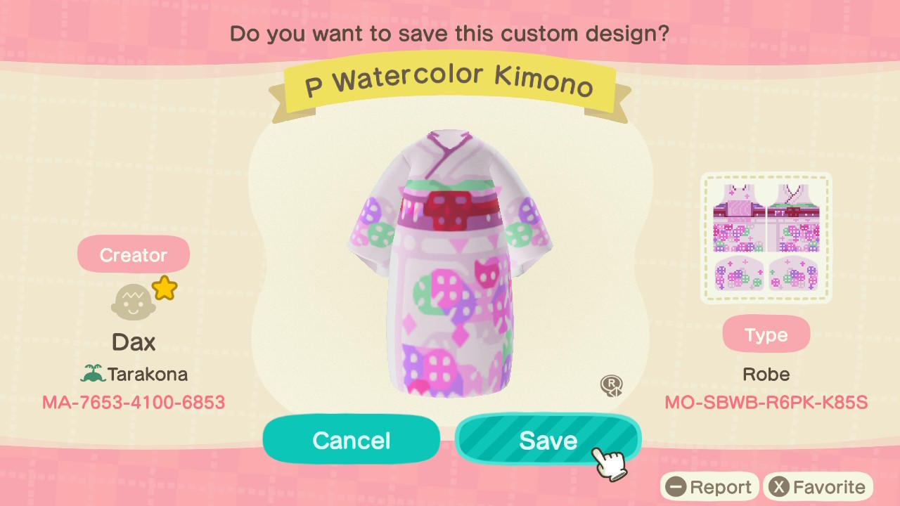 Animal Crossing Design Code: MO-SBWB-R6PK-K85S P Watercolor Kimono