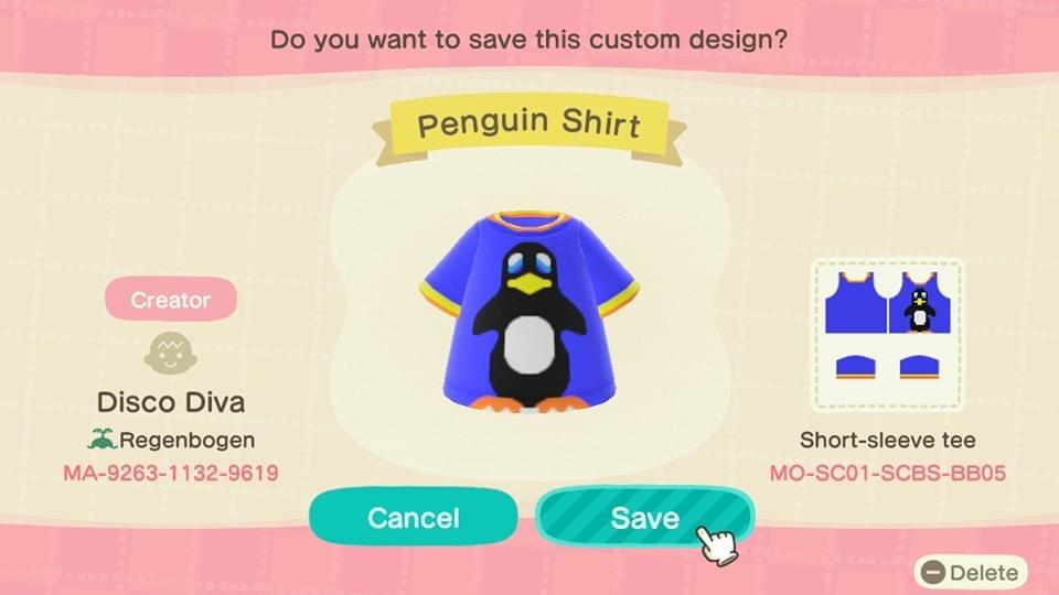 Animal Crossing Design Code: MO-SC01-SCBS-BB05 Penguin Shirt