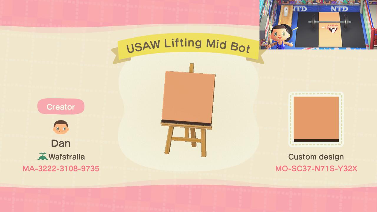 Animal Crossing Design Code: MO-SC37-N71S-Y32X USAW Lifting Mid Bot