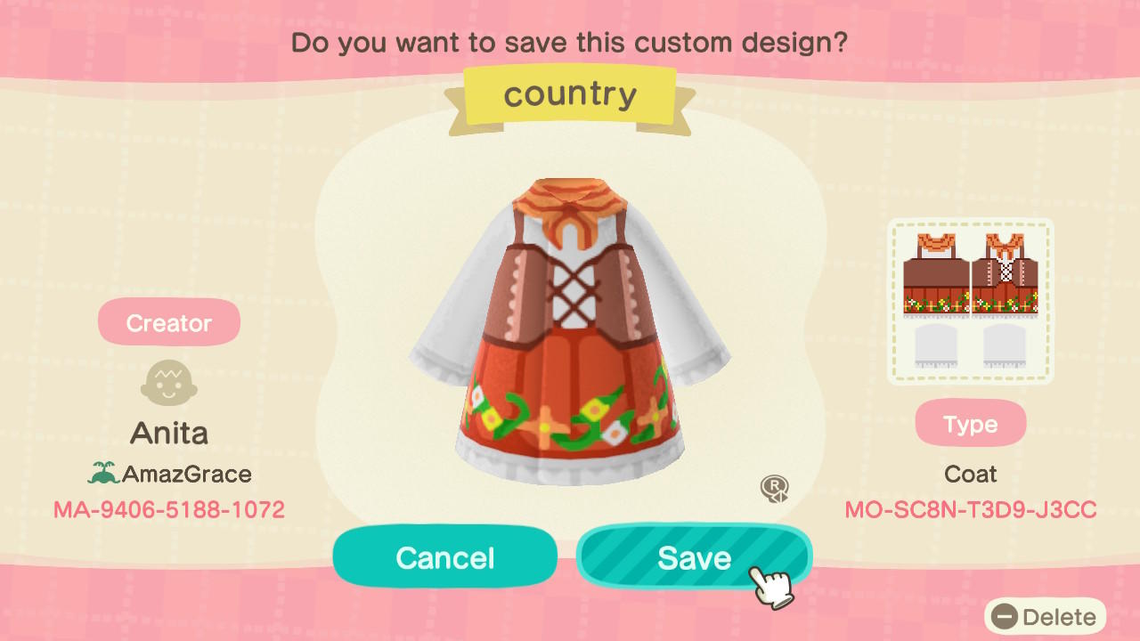 Animal Crossing Design Code: MO-SCBN-T3D9-J3CC Country