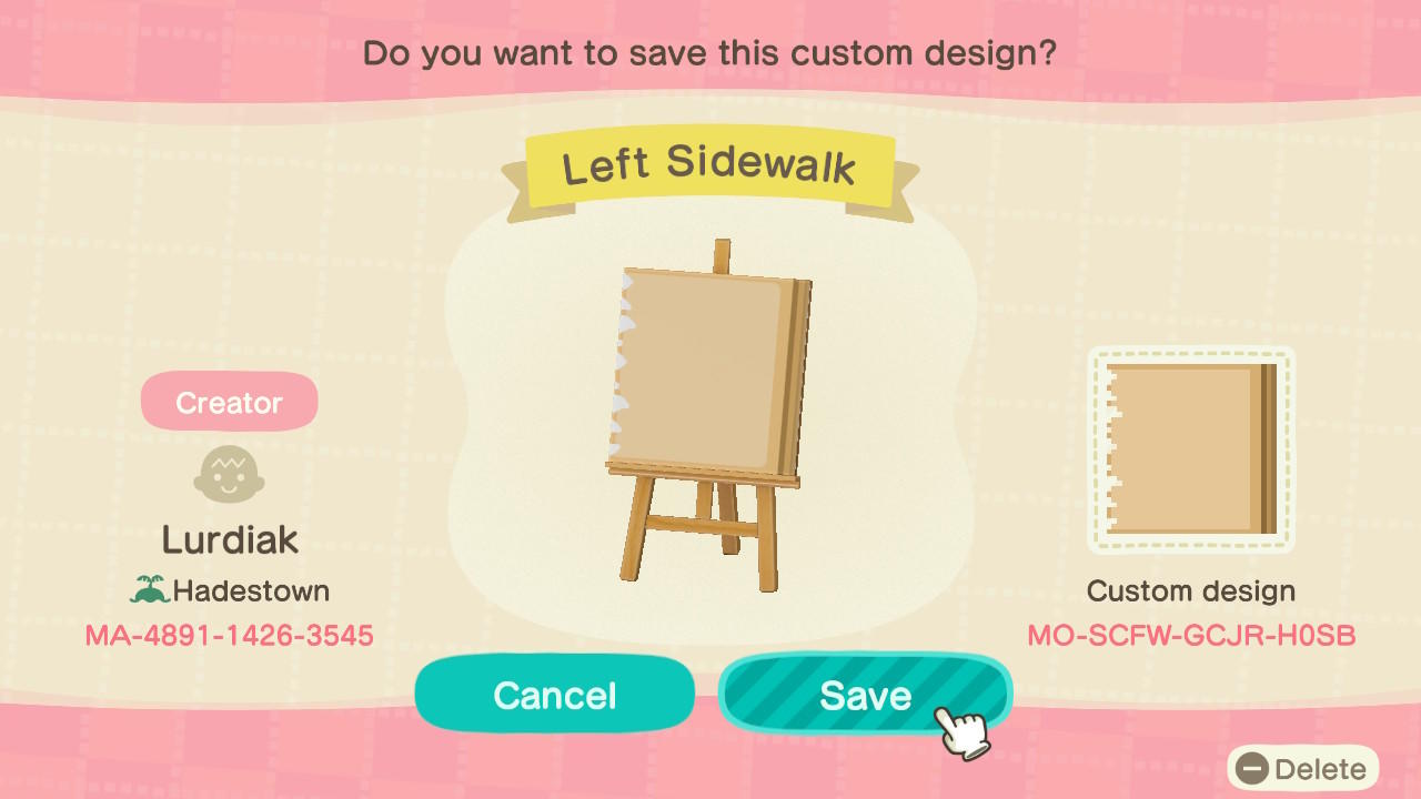 Animal Crossing Design Code: MO-SCFW-GCJR-H0SB Left Sidewalk