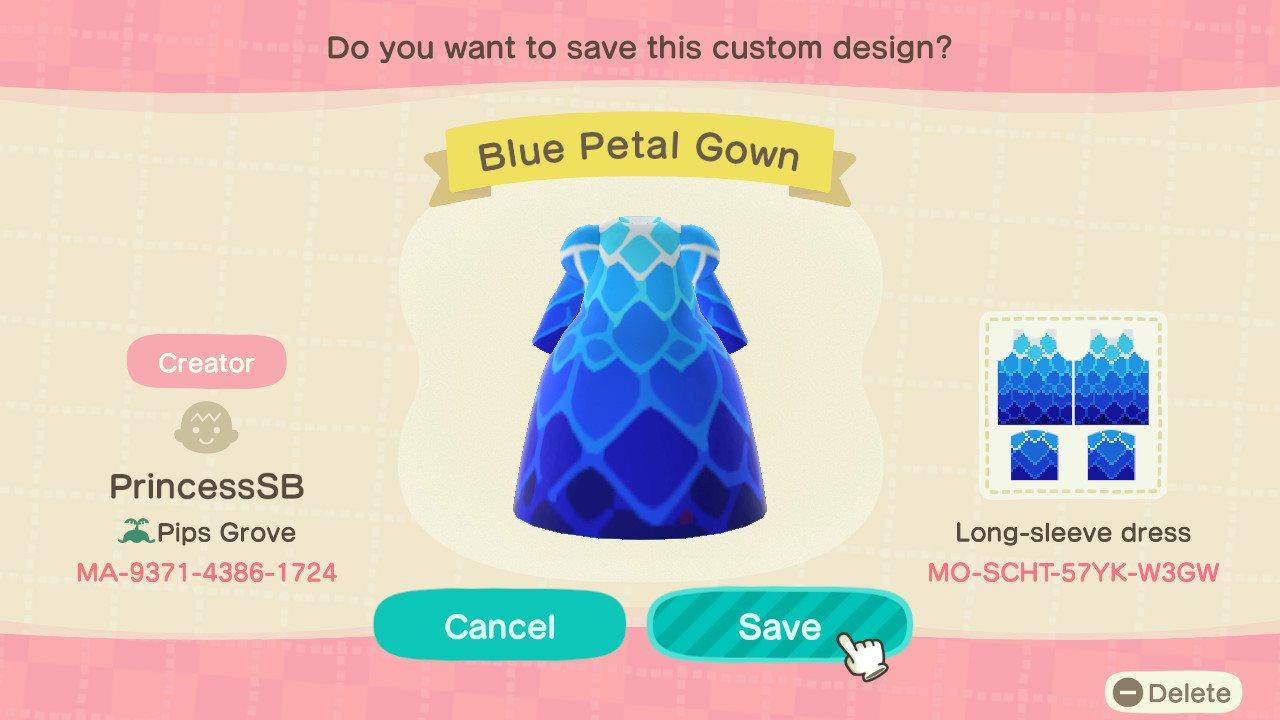 Animal Crossing Design Code: MO-SCHT-57YK-W3GW Ice Blue Petal Dress