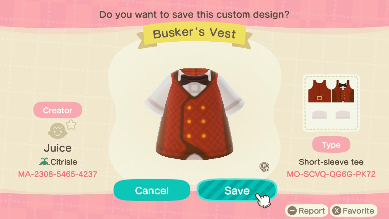 Animal Crossing Design Code: MO-SCVQ-QG6G-PK72 Busker's Vest