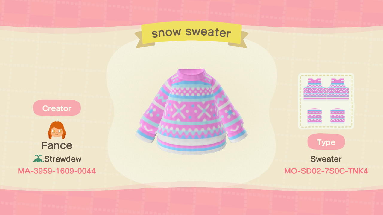 Animal Crossing Design Code: MO-SD02-7S0C-TNK4 Pink Snow Sweater
