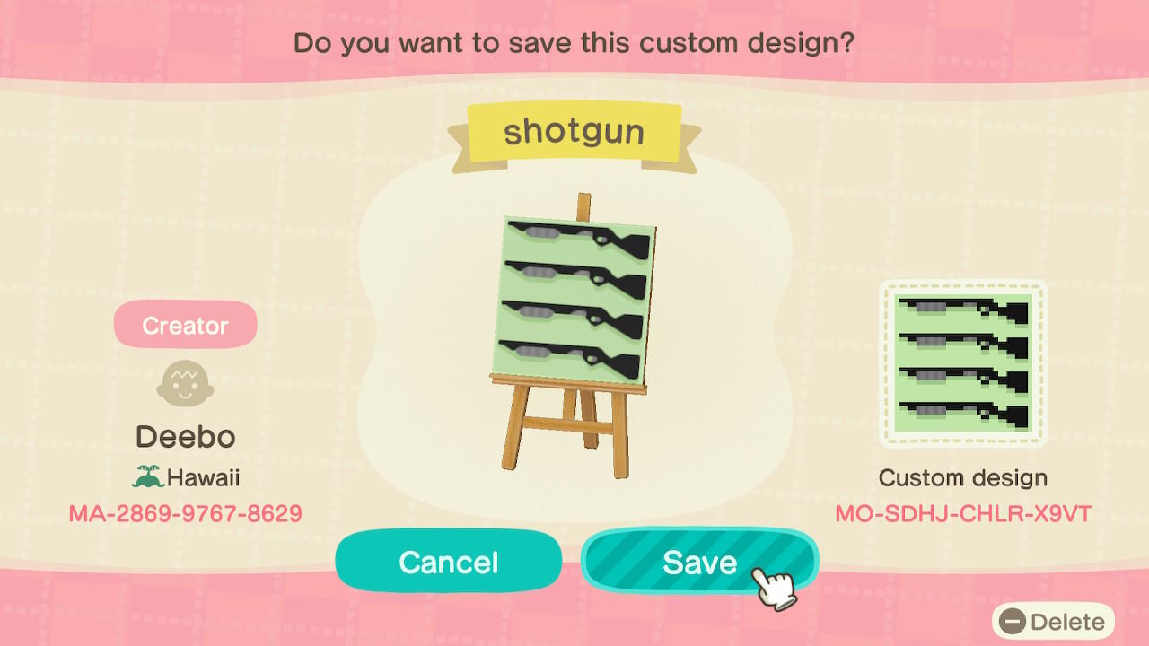 Animal Crossing Design Code: MO-SDHJ-CHLR-X9VT WeaponsVault Shotgun