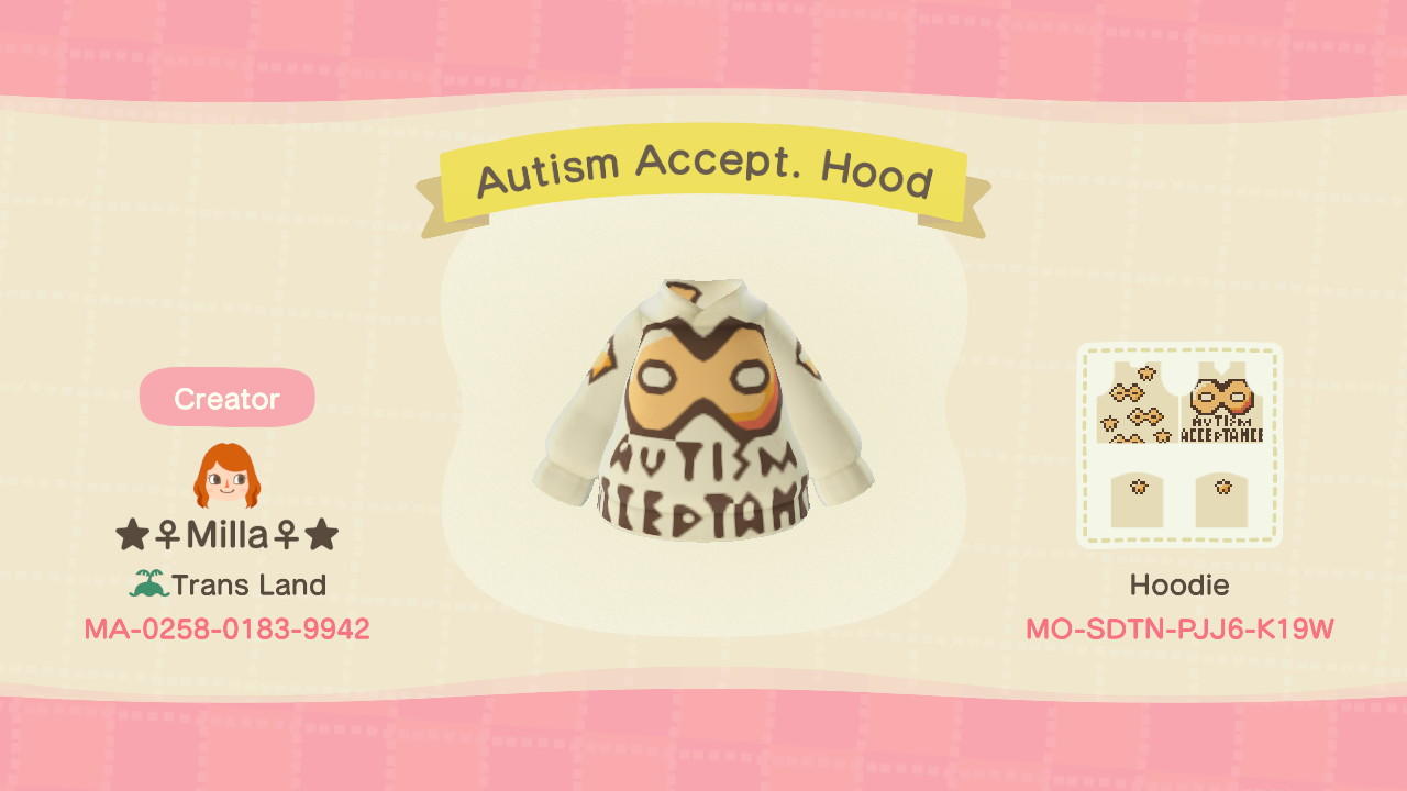 Animal Crossing Design Code: MO-SDTN-PJJ6-K19W Autism Accept. Hood
