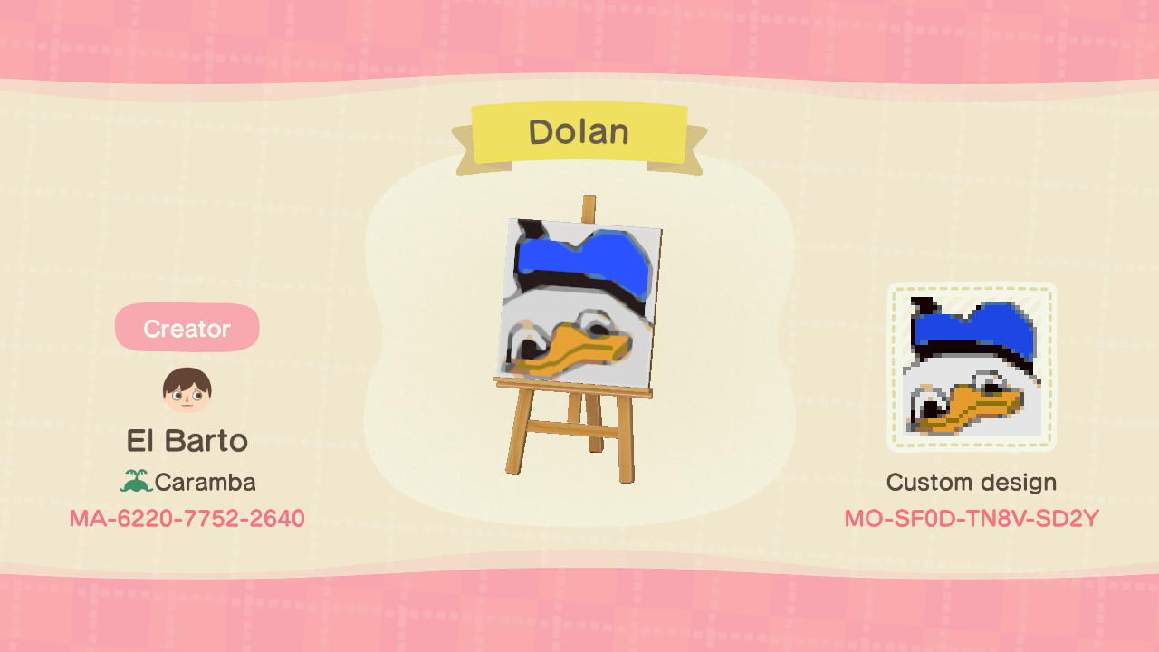 Animal Crossing Design Code: MO-SF0D-TN8V-SD2Y Dolan