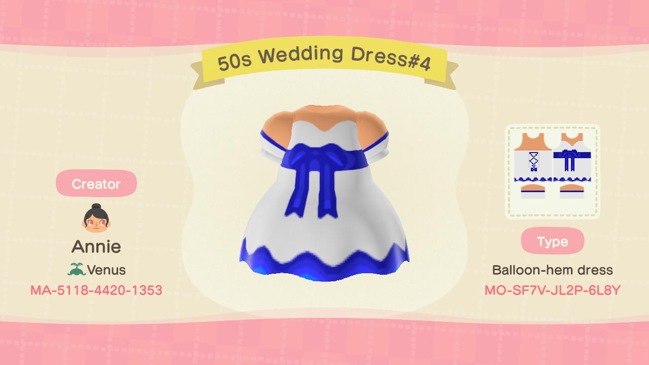 Animal Crossing Design Code: MO-SF7V-JL2P-6L8Y 50s Wedding Dress#4