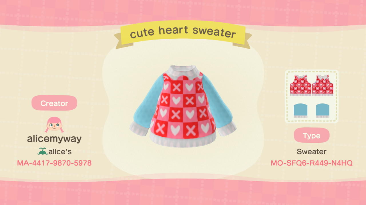 Animal Crossing Design Code: MO-SFQ6-R449-N4HQ Cute Heart Sweater