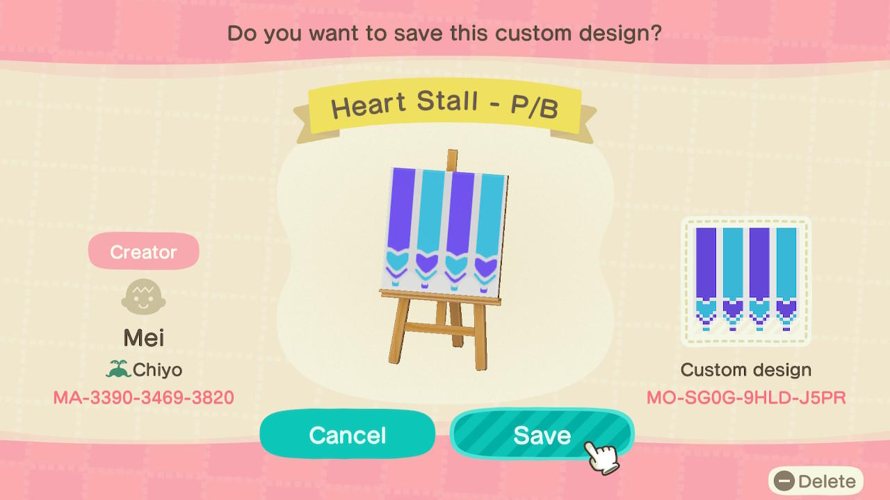 Animal Crossing Design Code: MO-SG0G-9HLD-J5PR Heart Stall - P/B
