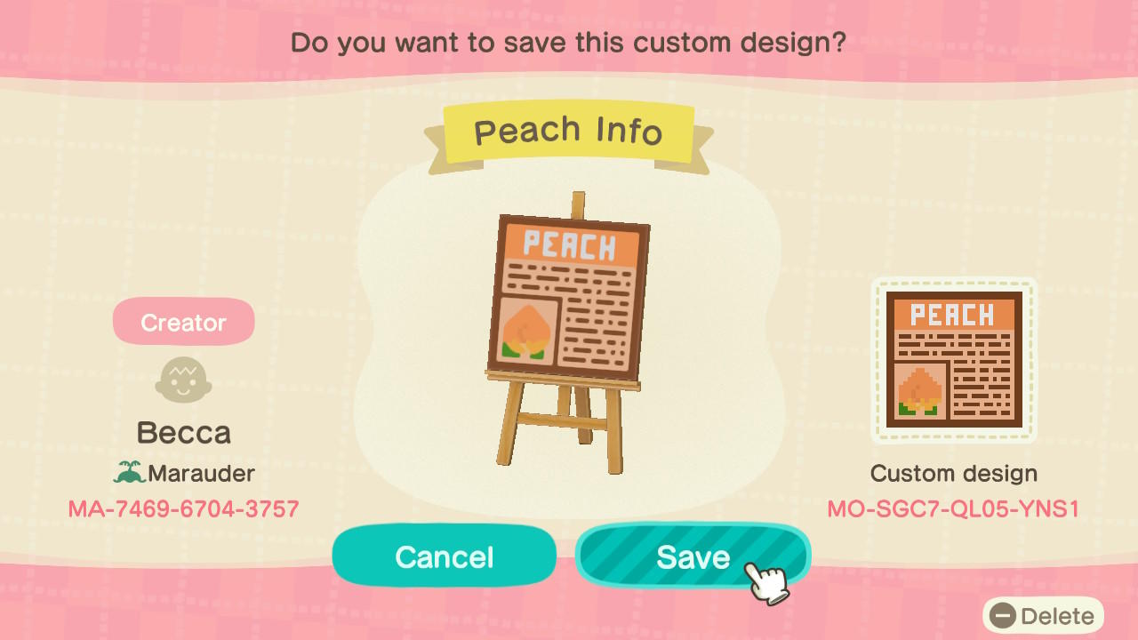 Animal Crossing Design Code: MO-SGC7-QL05-YNS1 Peach Info
