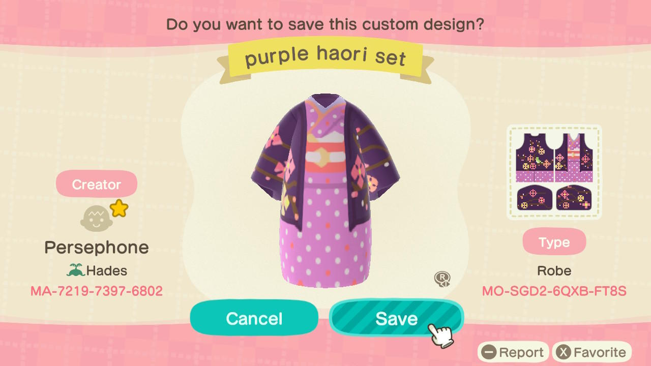 Animal Crossing Design Code: MO-SGD2-6QXB-FT8S Purple Haori Dress