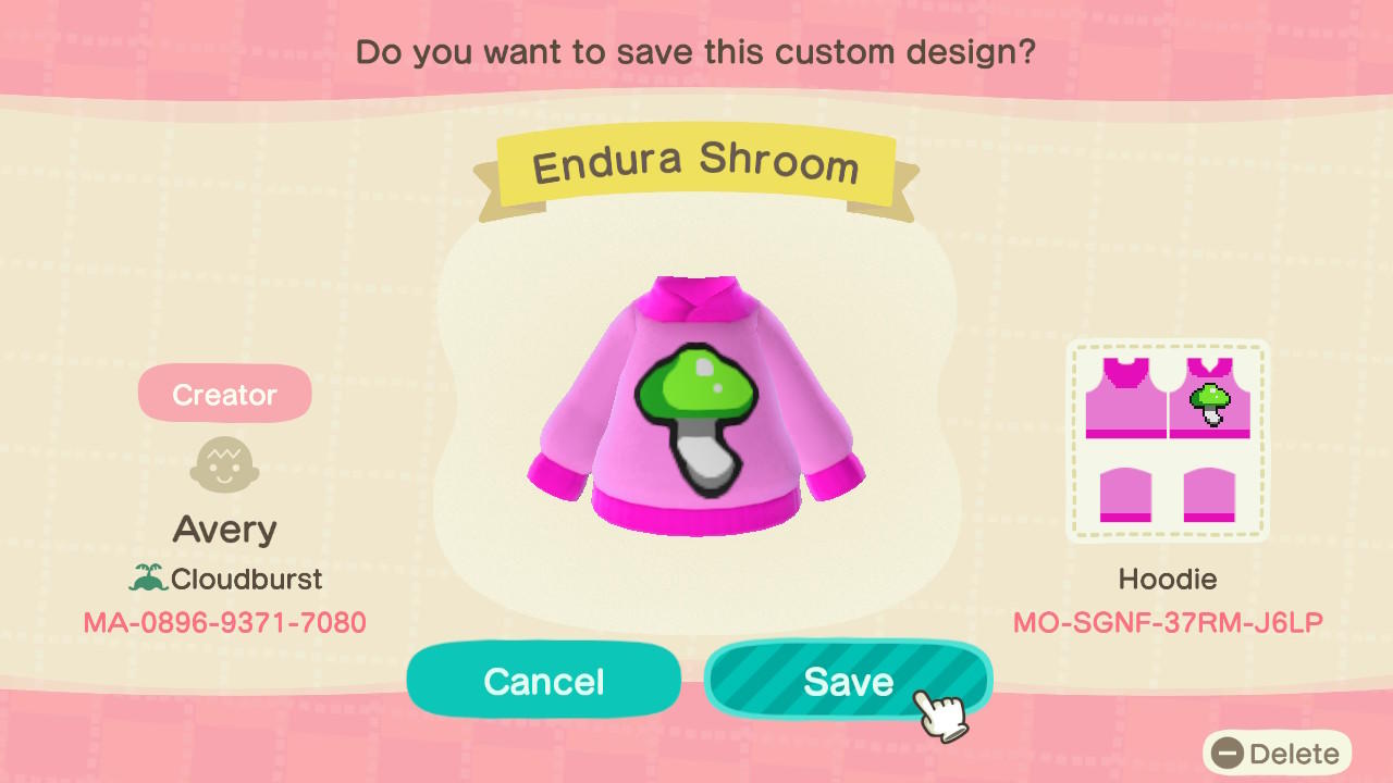 Animal Crossing Design Code: MO-SGNF-37RM-J6LP Endura Shroom