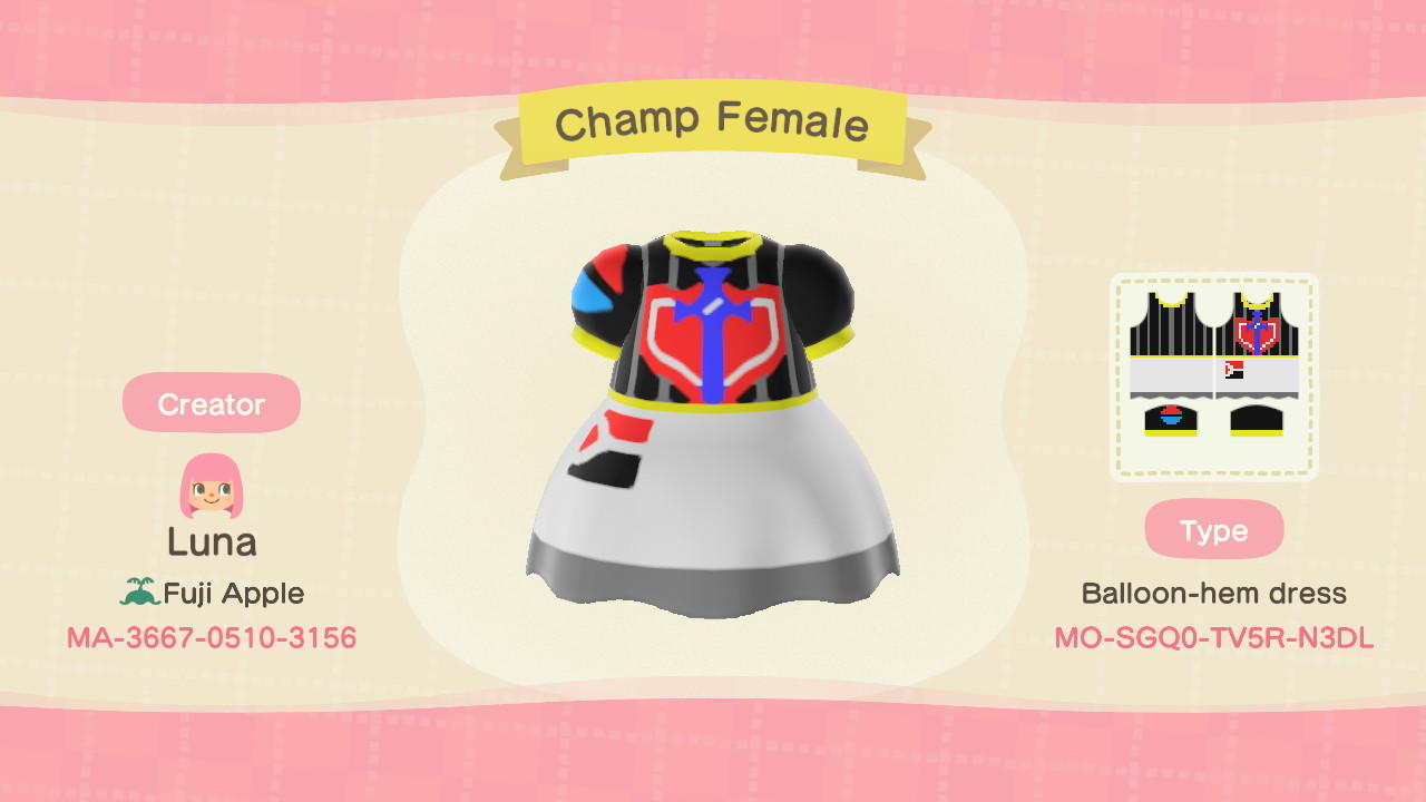 Animal Crossing Design Code: MO-SGQ0-TV5R-N3DL Champ Female