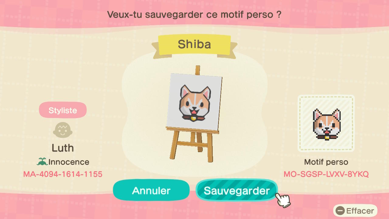 Animal Crossing Design Code: MO-SGSP-LVXV-8YKQ Shiba