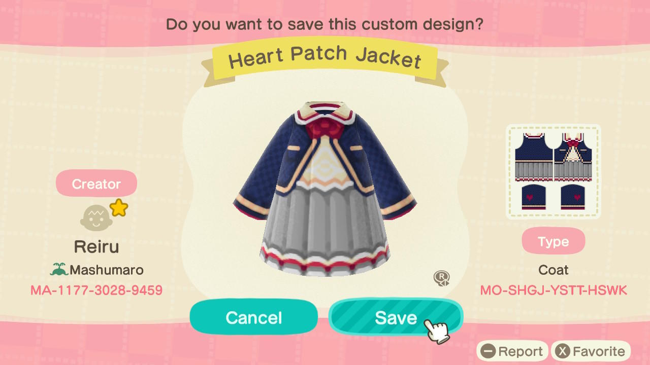 Animal Crossing Design Code: MO-SHGJ-YSTT-HSWK Heart Patch Jacket