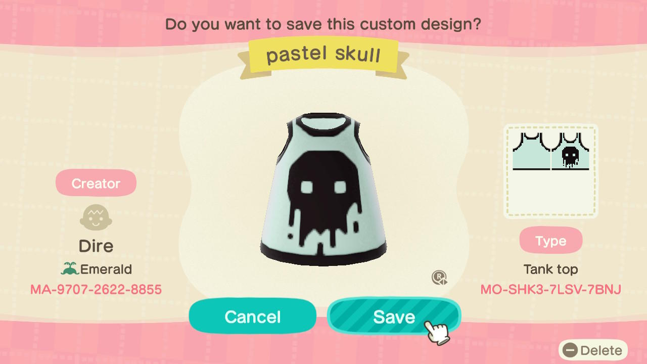 Animal Crossing Design Code: MO-SHK3-7LSV-7BNJ Pastel Skull