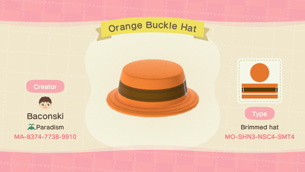 Animal Crossing Design Code: MO-SHN3-NSC4-SMT4 Orange Buckle Hat
