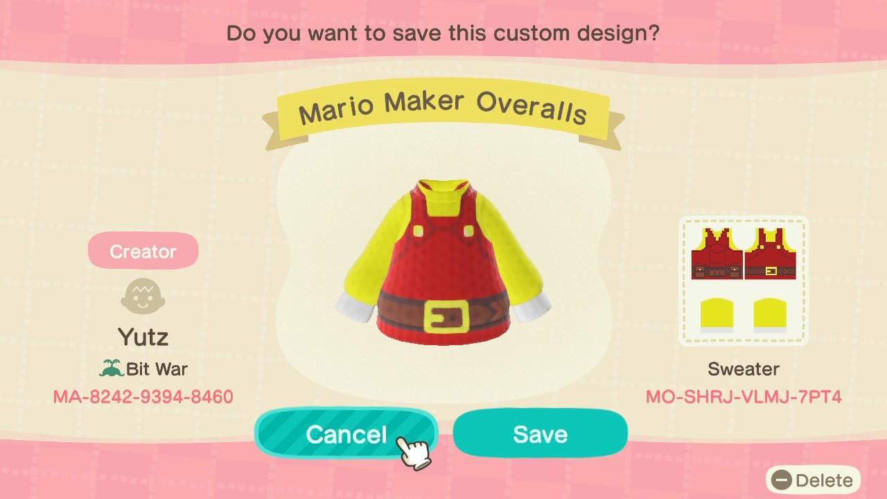 Animal Crossing Design Code: MO-SHRJ-VLMJ-7PT4 Mario Maker Overalls